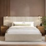 Beige Velvet Double Ottoman Bed with Wide Headboard - Iman