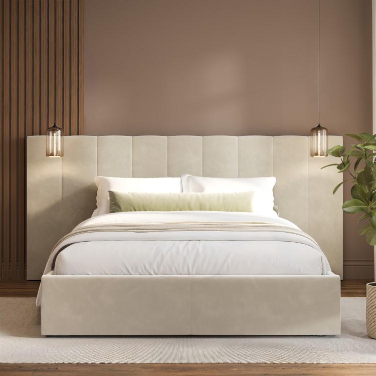 Beige Velvet Double Ottoman Bed with Wide Headboard - Iman