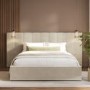 Beige Velvet Double Ottoman Bed with Wide Headboard - Iman