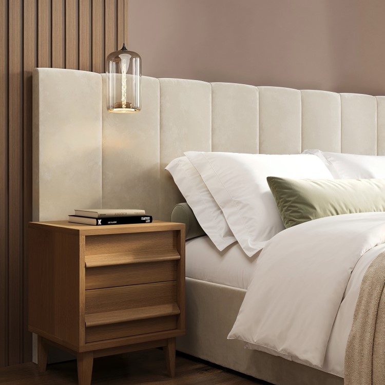 Beige Velvet Double Ottoman Bed with Wide Headboard - Iman