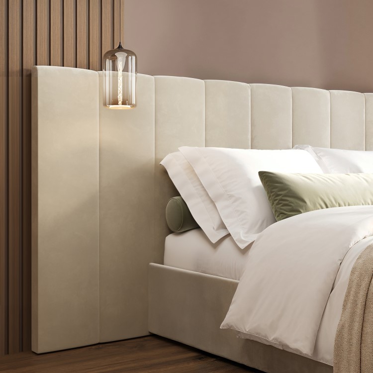 Beige Velvet Double Ottoman Bed with Wide Headboard - Iman