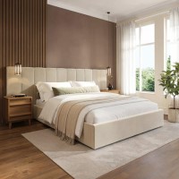 Beige Velvet King Size Ottoman Bed with Wide Headboard - Iman Beige Velvet King Size Ottoman Bed with Wide Headboard - Iman