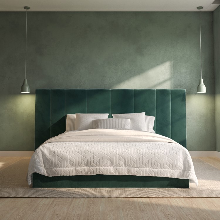 Green Velvet Double Ottoman Bed with Wide Headboard - Iman
