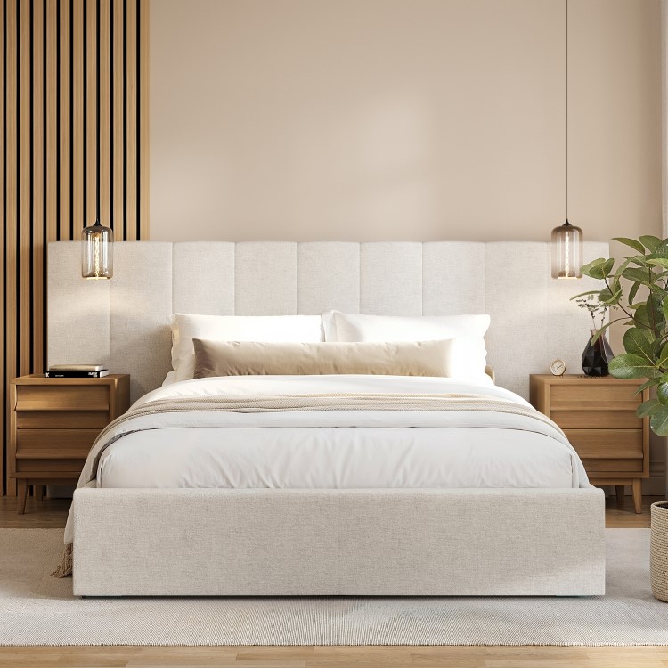 Cream Upholstered Double Ottoman Bed with Wide Headboard - Iman