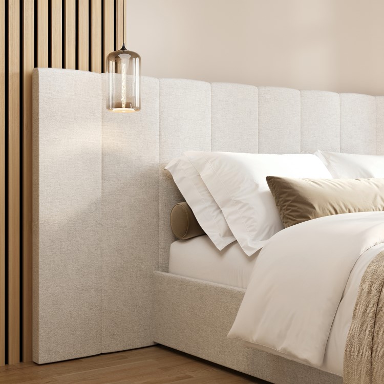 Cream Upholstered Double Ottoman Bed with Wide Headboard - Iman
