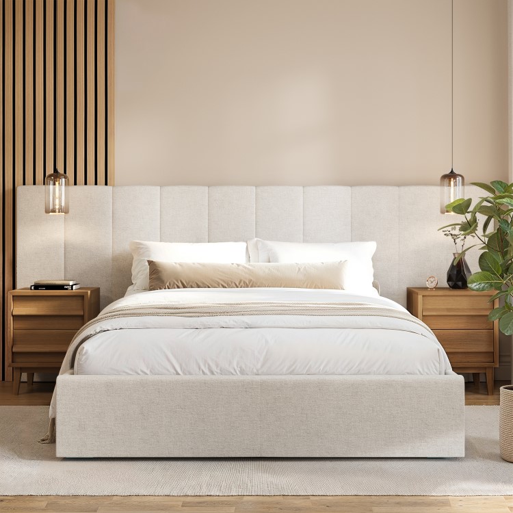 Cream Upholstered King Size Ottoman Bed with Wide Headboard - Iman