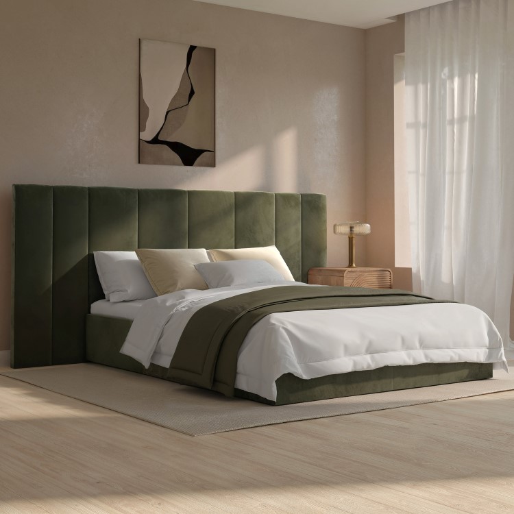 Olive Green Velvet Double Ottoman Bed with Wide Headboard - Iman