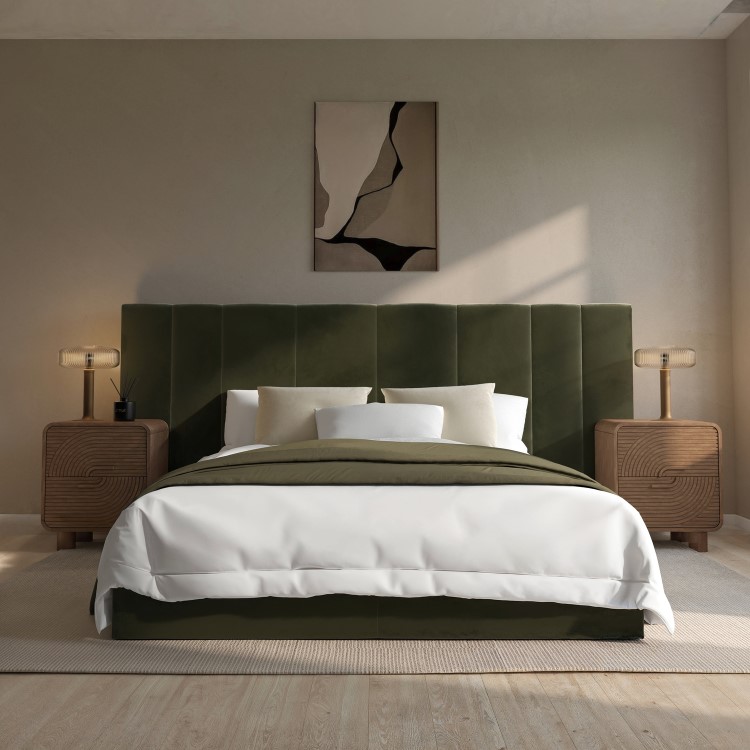 Olive Green Velvet Double Ottoman Bed with Wide Headboard - Iman