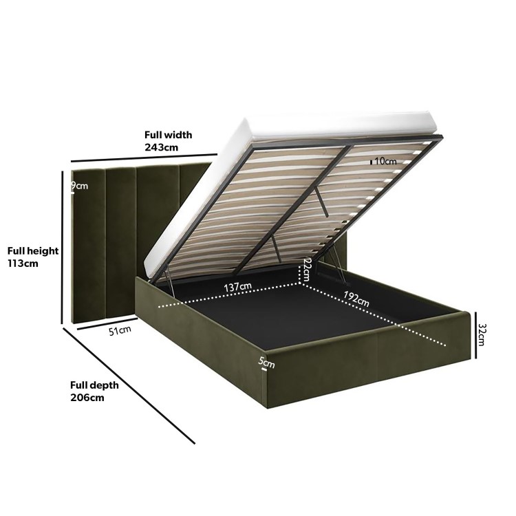 Olive Green Velvet Double Ottoman Bed with Wide Headboard - Iman