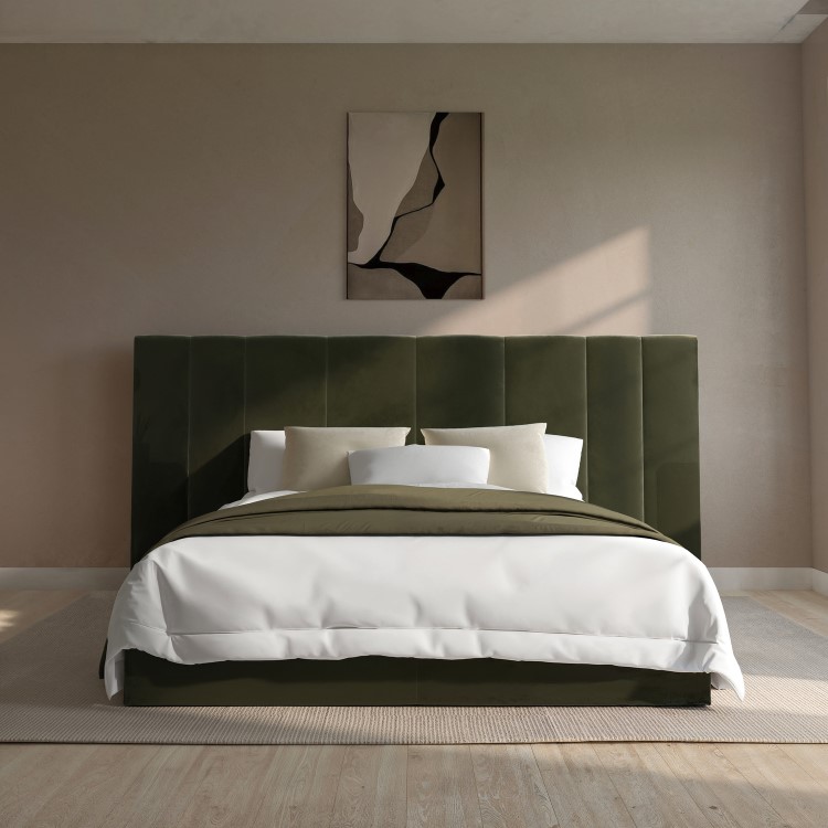 Olive Green Velvet Double Ottoman Bed with Wide Headboard - Iman