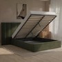 Olive Green Velvet Double Ottoman Bed with Wide Headboard - Iman