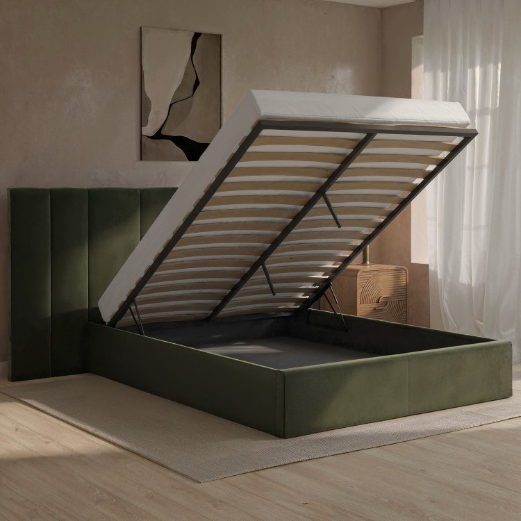 Olive Green Velvet Double Ottoman Bed with Wide Headboard - Iman