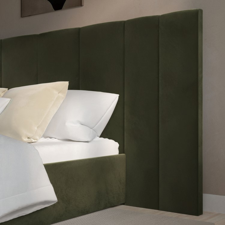 Olive Green Velvet Double Ottoman Bed with Wide Headboard - Iman
