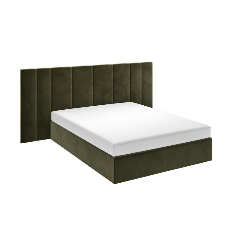 Olive Green Velvet Double Ottoman Bed with Wide Headboard - Iman