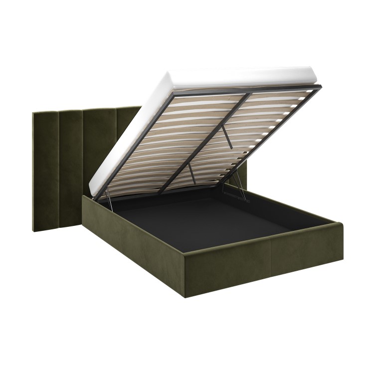 Olive Green Velvet Double Ottoman Bed with Wide Headboard - Iman