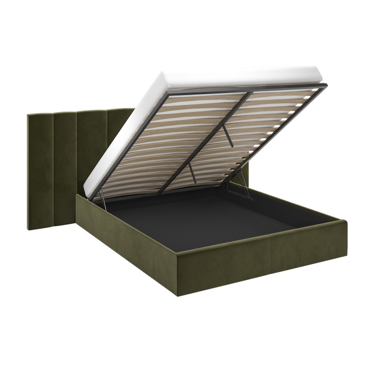 Olive Green Velvet King Size Ottoman Bed with Wide Headboard - Iman
