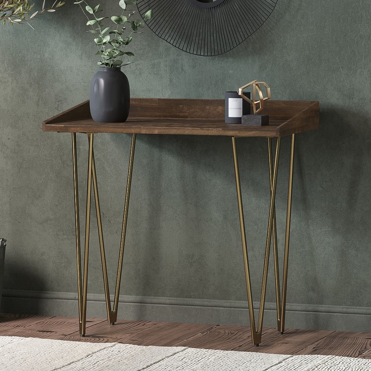 Compact Dark Oak Effect Desk with Hairpin Legs - Inari