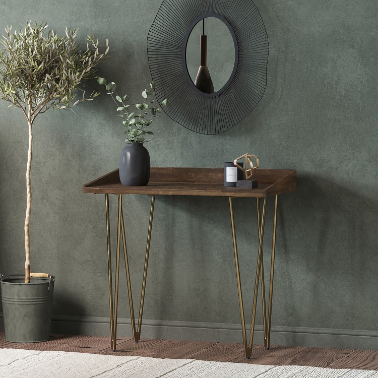 Compact Dark Oak Effect Desk with Hairpin Legs - Inari