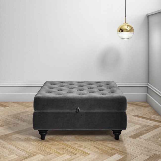 Grey Ottoman Storage Footstool - Buttoned - Inez