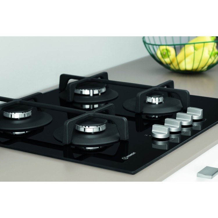 Indesit ING61T/BKUK 60cm Four Burner Gas Hob With Cast Iron Pan Stands - Stainless Steel