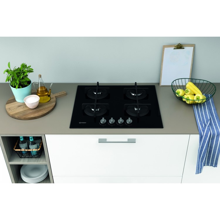 Indesit ING61T/BKUK 60cm Four Burner Gas Hob With Cast Iron Pan Stands - Stainless Steel