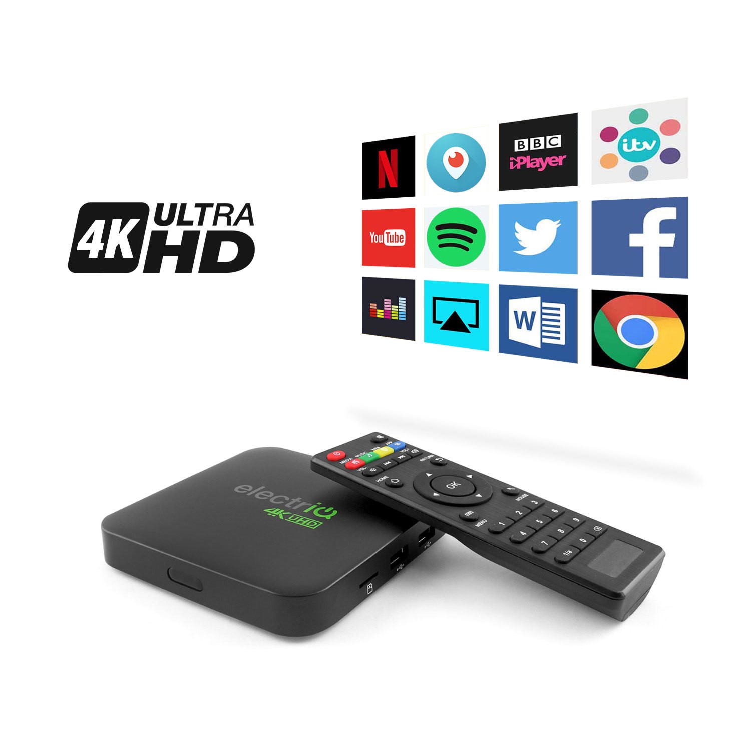 Ex Display - electriQ 4K Ultra HD HDR Android 7.1 Quad Core Smart TV Box  with 1GB RAM/16GB ROM and Remote Control 
