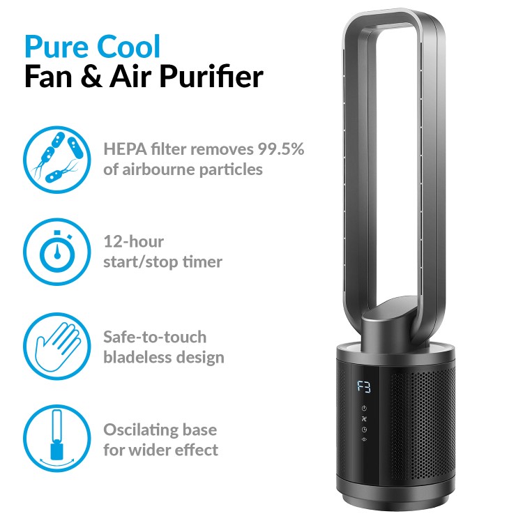 Refurbished electriQ Quiet Dual HEPA Air Purifier and Pure Cool DC Fan with Remote Control for rooms up to 35 sqm Black