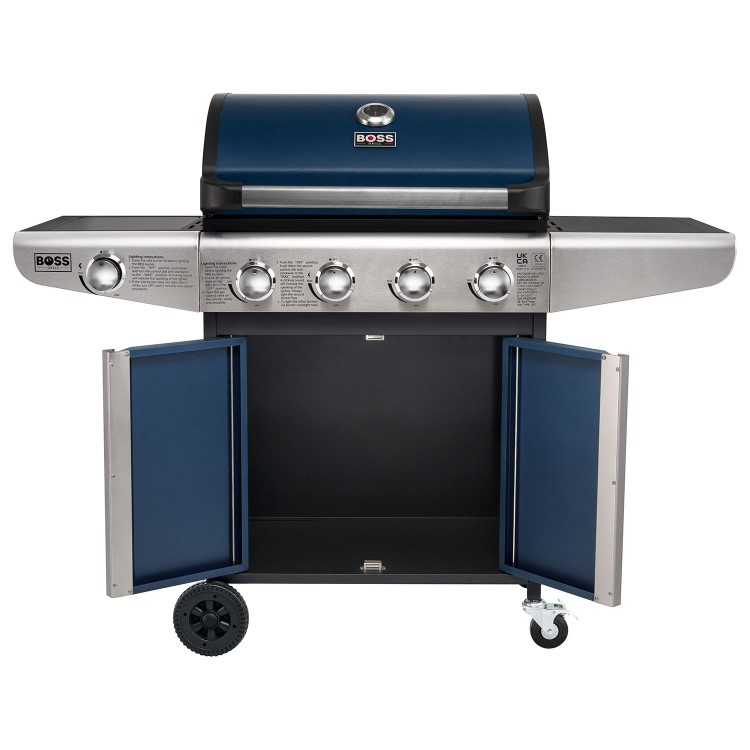 Boss Grill Kentucky Premium - 4 Burner Gas BBQ Grill with Side Burner - Blue