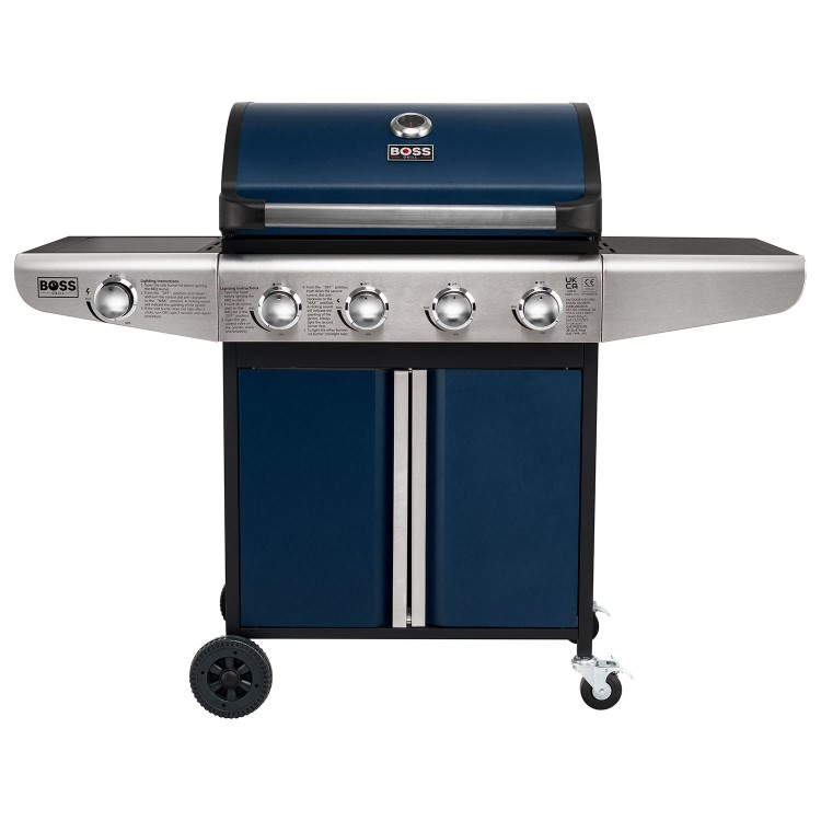 Boss Grill Kentucky Premium - 4 Burner Gas BBQ Grill with Side Burner - Blue