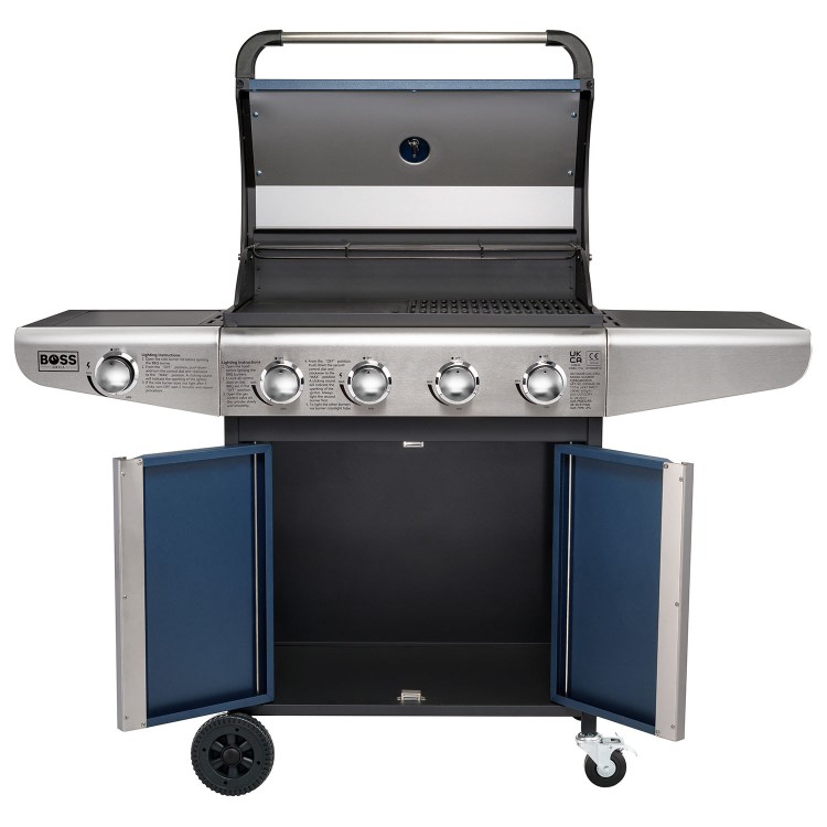 Boss Grill Kentucky Premium - 4 Burner Gas BBQ Grill with Side Burner - Blue