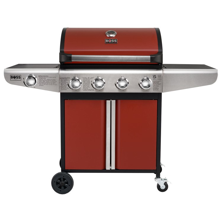 Boss Grill Kentucky Premium - 4 Burner Gas BBQ Grill with Side Burner - Red