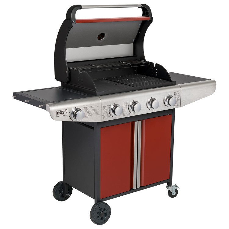 Boss Grill Kentucky Premium - 4 Burner Gas BBQ Grill with Side Burner - Red