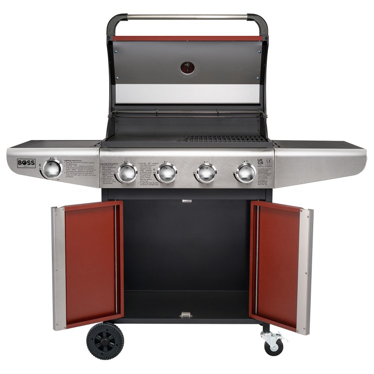 Boss Grill Kentucky Premium - 4 Burner Gas BBQ Grill with Side Burner - Red