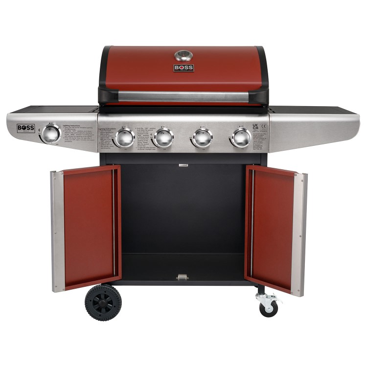 Boss Grill Kentucky Premium - 4 Burner Gas BBQ Grill with Side Burner - Red