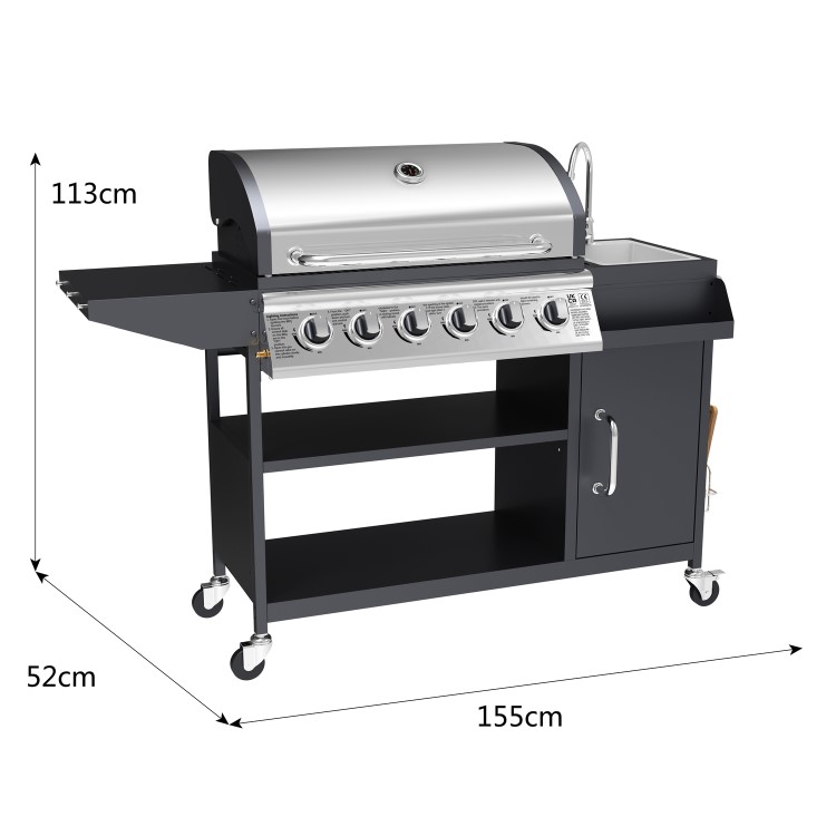 Boss Grill Texas Slimline Outdoor Kitchen - 6 Burner Gas BBQ with Sink and Chopping Board - Black