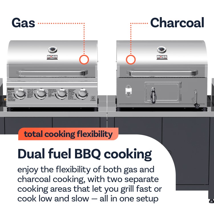 Boss Grill All Star Pro Modular Dual Fuel Outdoor Kitchen - Built-In Gas & Charcoal BBQ with Fridge - Black