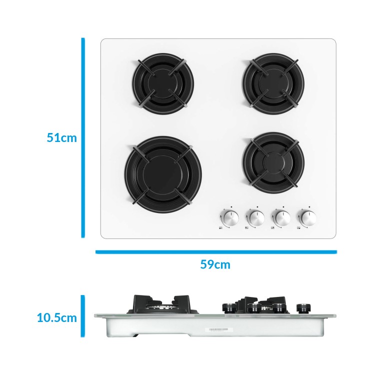 electriQ 60cm Gas on Glass 4 Burner Gas Hob - White Glass