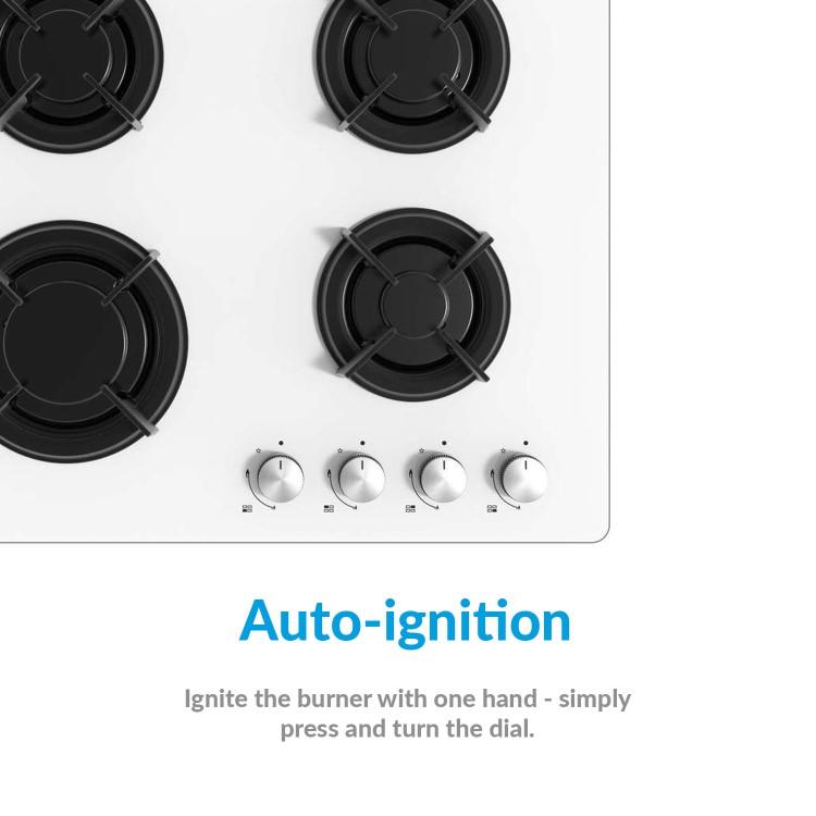 electriQ 60cm Gas on Glass 4 Burner Gas Hob - White Glass