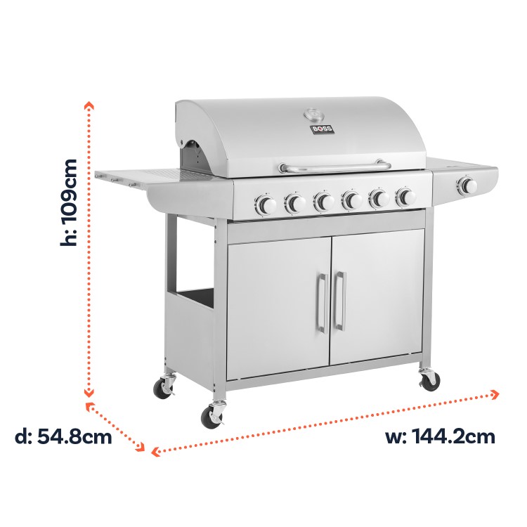 Boss Grill Georgia Classic - 6 Burner Gas BBQ Grill with Side Burner - Silver