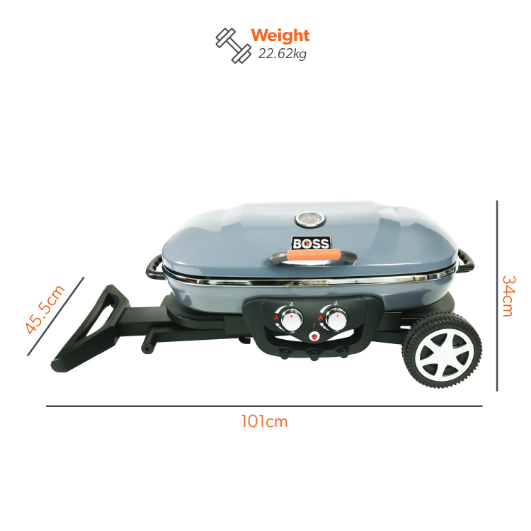Boss Grill Deluxe Portable - 2 Burner Gas BBQ Grill with Trolley - Grey