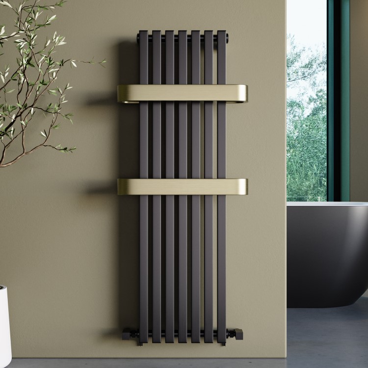 Gunmetal Vertical Single Panel Radiator with Brass Towel Bars 1200 x 500mm - Iraya