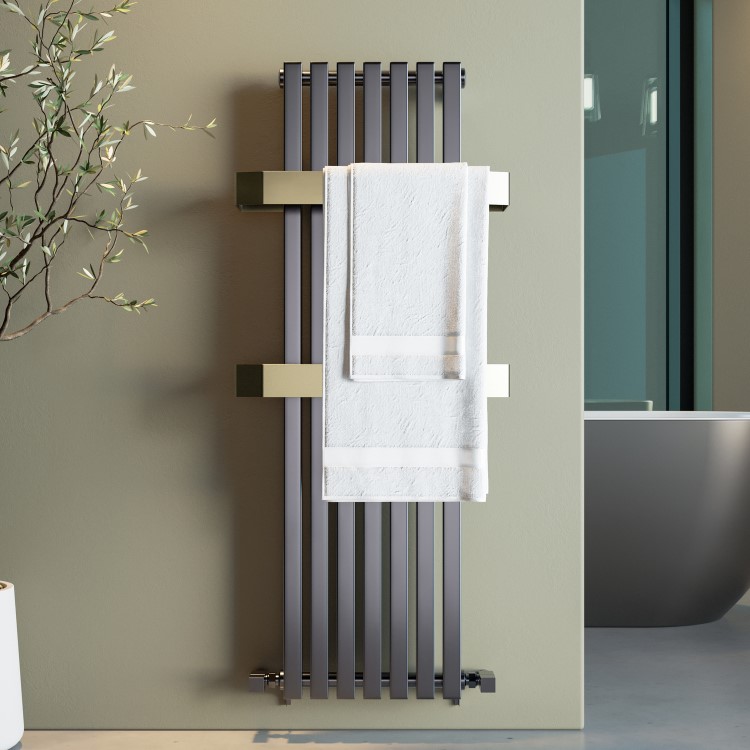 Gunmetal Vertical Single Panel Radiator with Brass Towel Bars 1200 x 500mm - Iraya