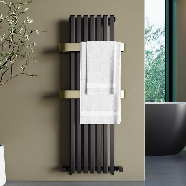 Gunmetal Vertical Single Panel Radiator with Brass Towel Bars 1200 x 500mm - Iraya