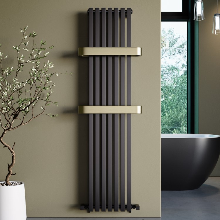 Gunmetal Vertical Single Panel Radiator with Brass Towel Bars 1600 x 500mm - Iraya