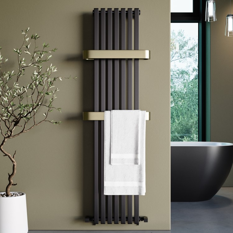 Gunmetal Vertical Single Panel Radiator with Brass Towel Bars 1600 x 500mm - Iraya