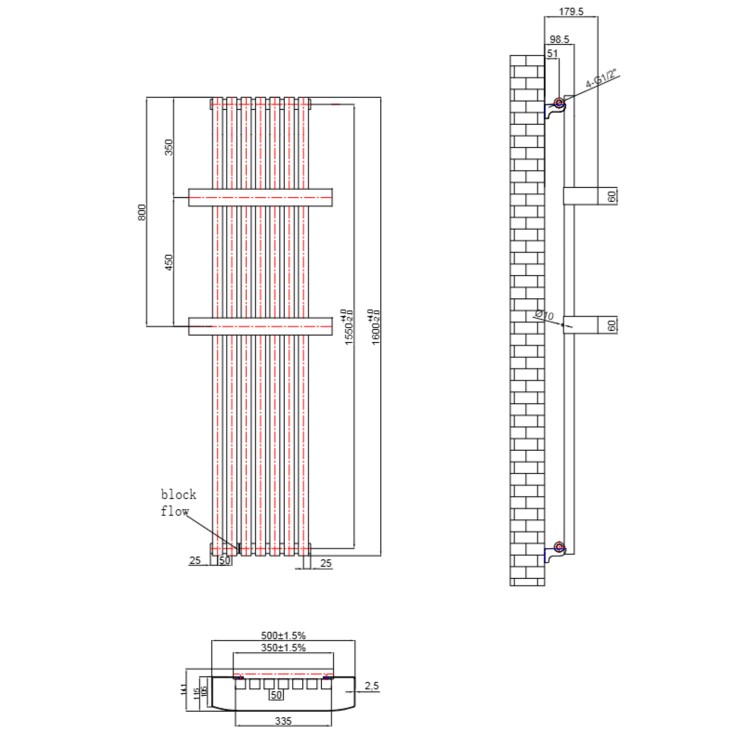Gunmetal Vertical Single Panel Radiator with Brass Towel Bars 1600 x 500mm - Iraya