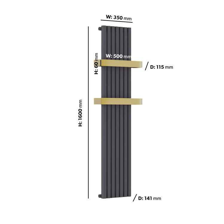 Gunmetal Vertical Single Panel Radiator with Brass Towel Bars 1600 x 500mm - Iraya