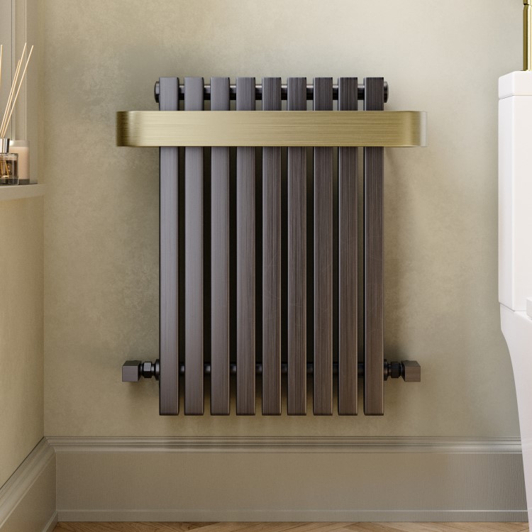 Gunmetal Single Panel Radiator with Brass Towel Bar 600 x 600mm - Iraya