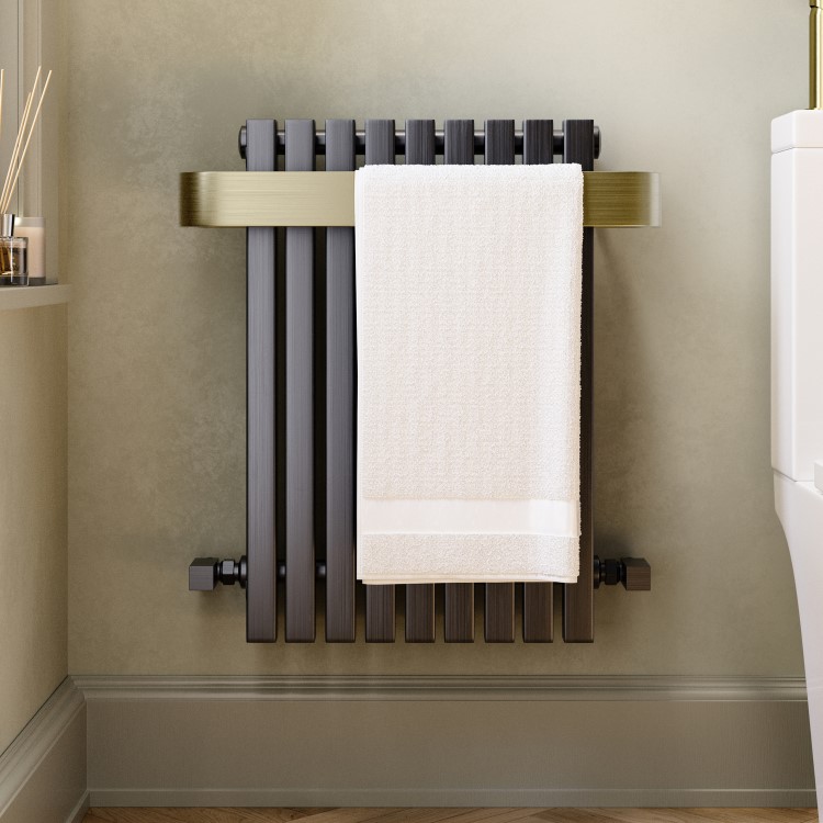 Gunmetal Single Panel Radiator with Brass Towel Bar 600 x 600mm - Iraya