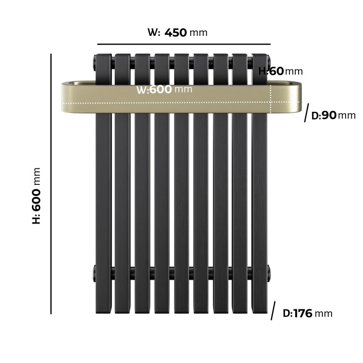 Gunmetal Single Panel Radiator with Brass Towel Bar 600 x 600mm - Iraya